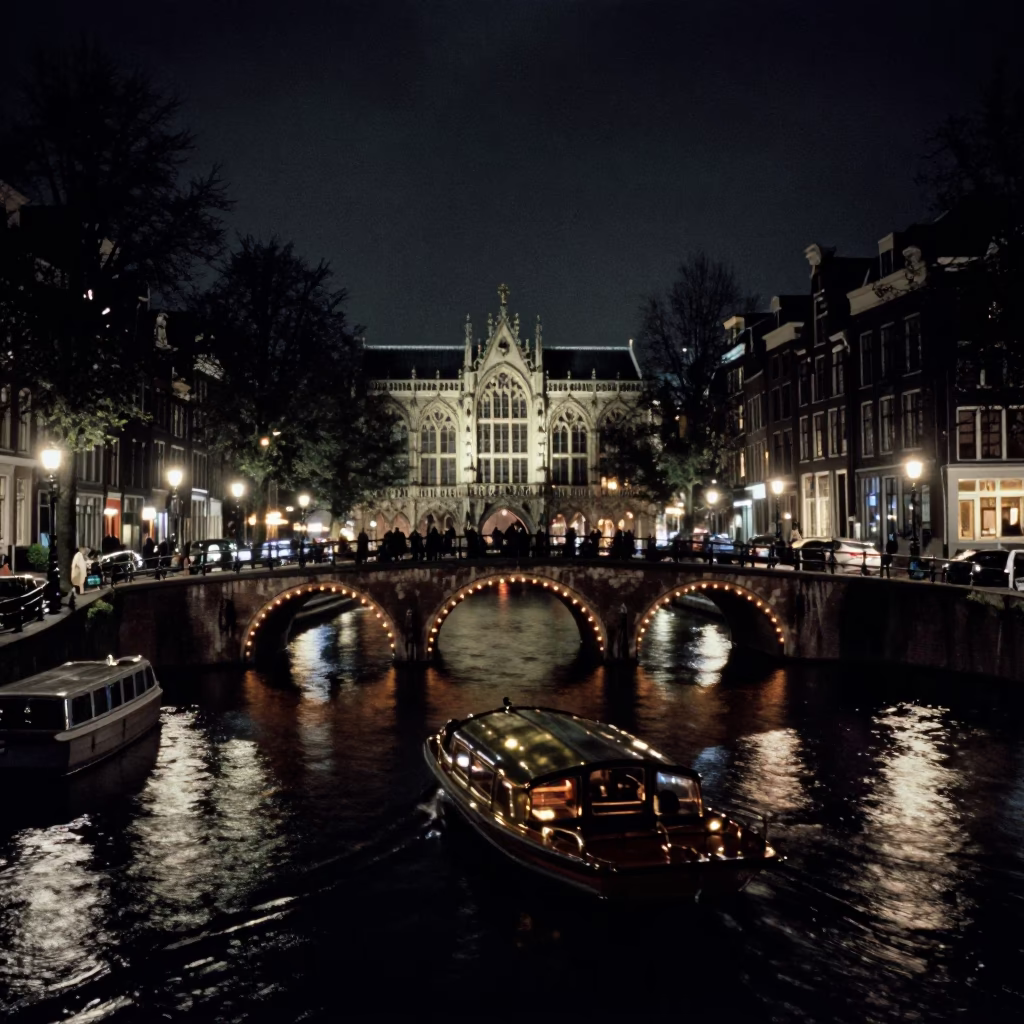 Amsterdam Canal Night Scene with Brass Punt Under Gothic Stone Bridge in in Amsterdam, Netherlands