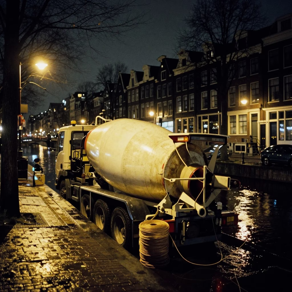 Amsterdam Canal Night Scene with Construction Mixer and Twine Details in in Amsterdam, Netherlands