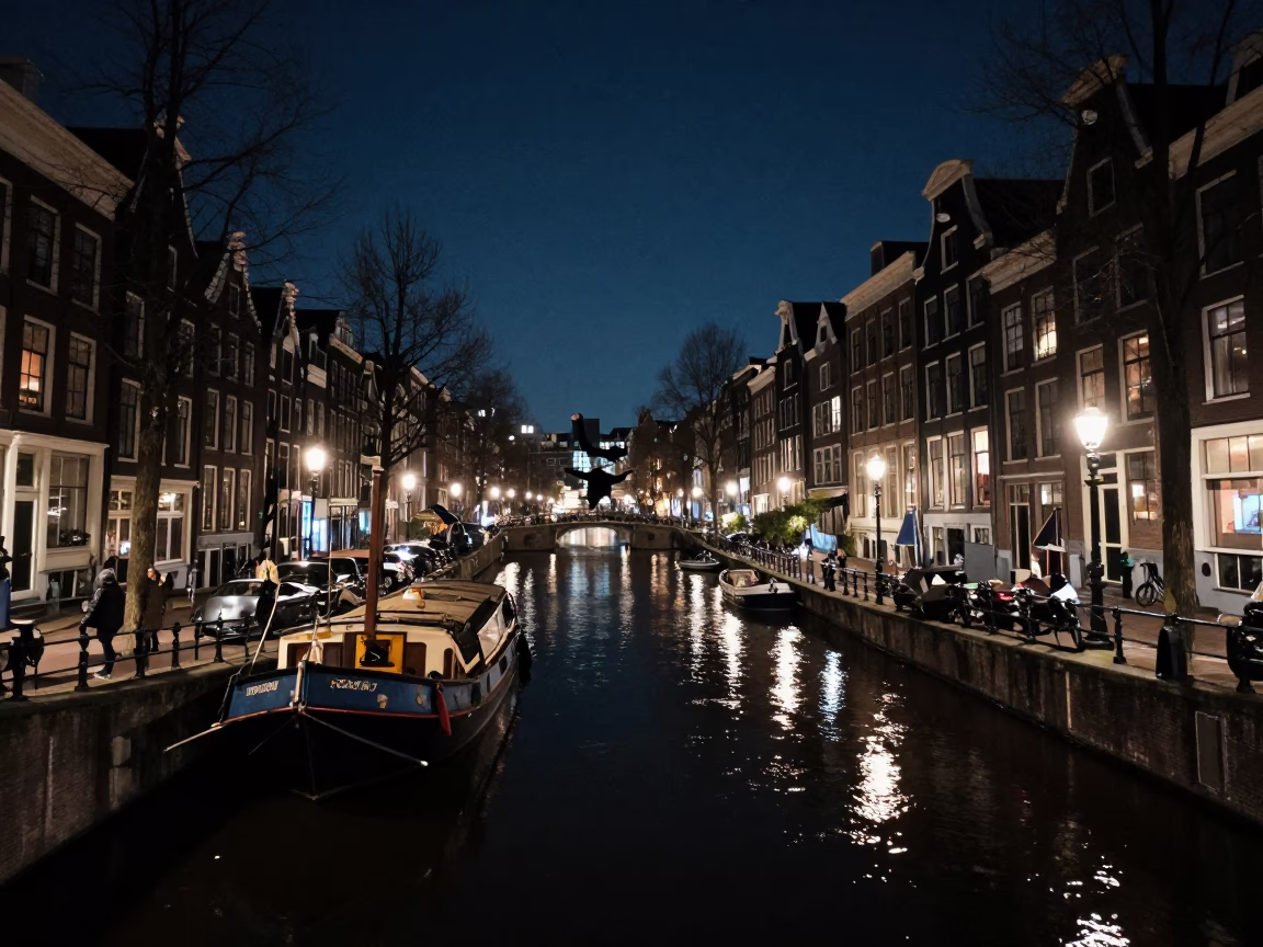 Amsterdam Canal Night Scene with Junk Boat and Parkour Athlete in in Amsterdam, Netherlands