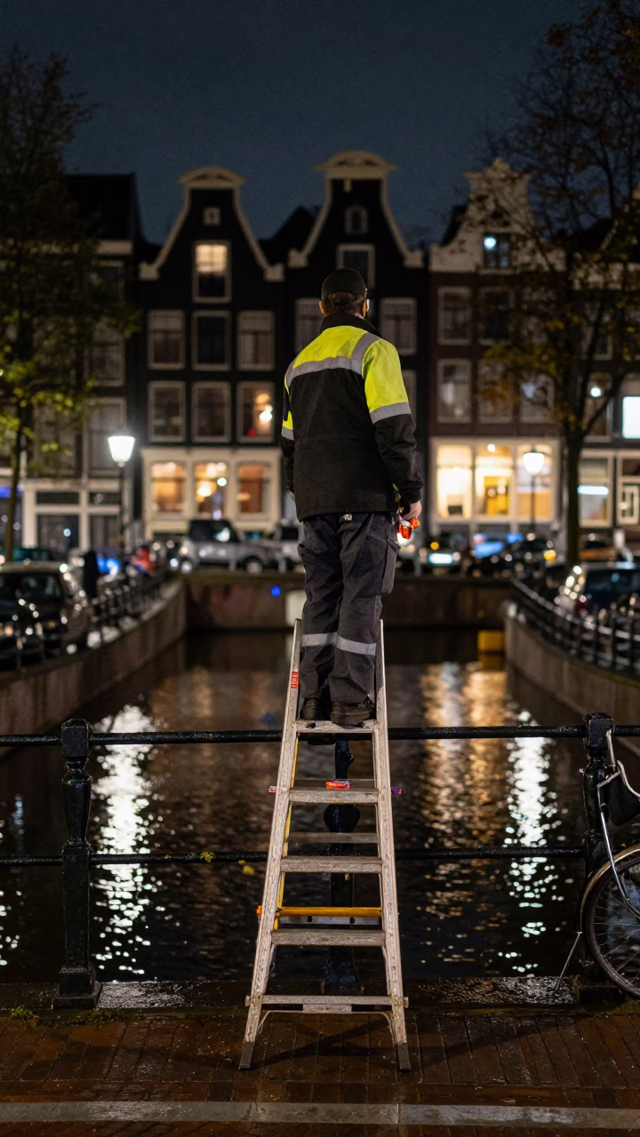 Amsterdam Canal Night Street Scene with Step Ladder and Wet Cobblestones in in Amsterdam, Netherlands