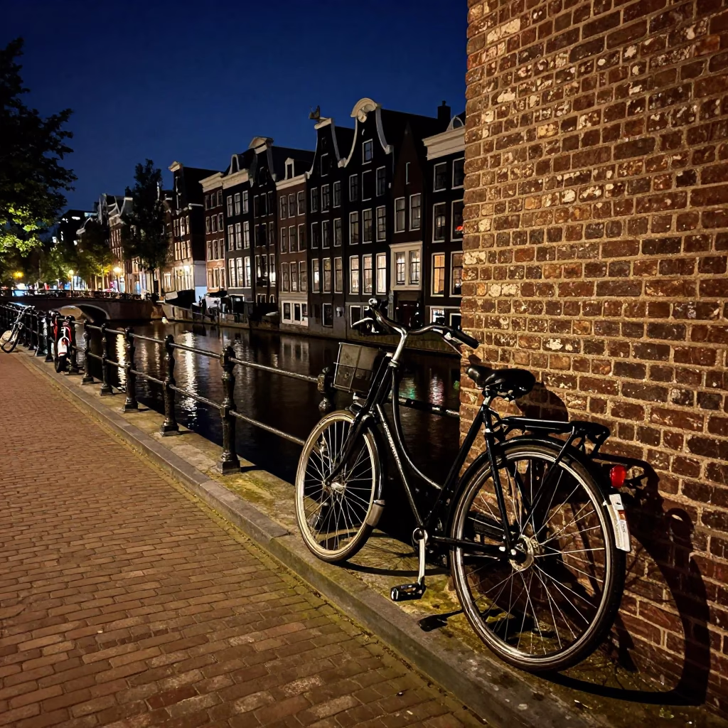 Amsterdam Canal Night Street Scene with Vintage Bicycle and Cobblestones in in Amsterdam, Netherlands