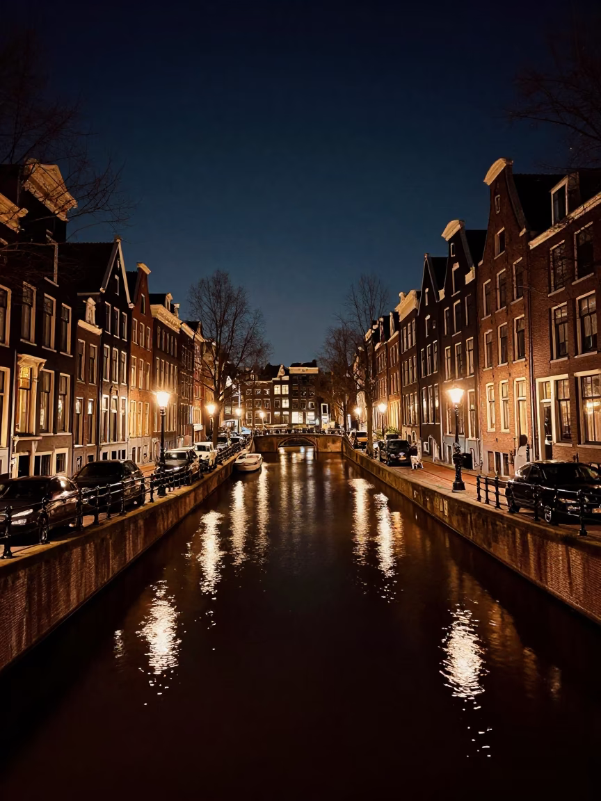 Amsterdam Canal Night View With Brick Architecture And Street Lighting in in Amsterdam, Netherlands
