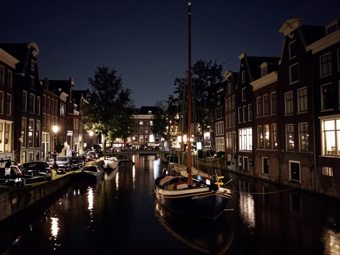 Amsterdam Canal Night View with Moored Sailboat and Dark Sky in in Amsterdam, Netherlands