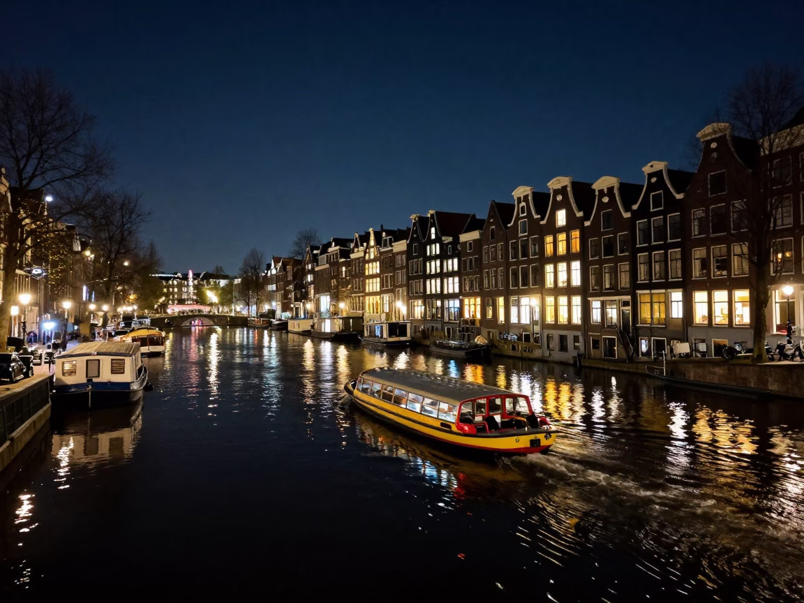 Amsterdam Canal Night Water Taxi Zigzagging Past Illuminated Houseboats in in Amsterdam, Netherlands