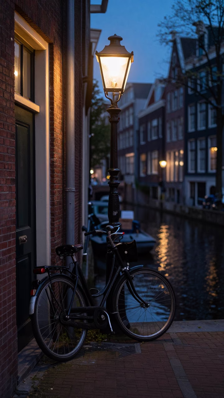 Amsterdam Canal Predawn Street Scene with Vintage Bicycle and Wet Cobblestones in in Amsterdam, Netherlands