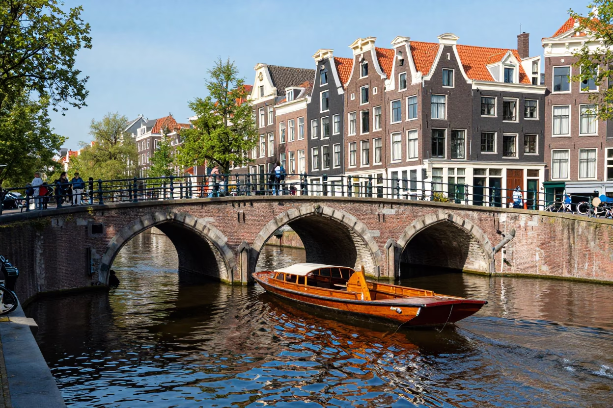 Amsterdam Canal Punt Passing Under Gothic Stone Bridge in Bright Midmorning Light in in Amsterdam, Netherlands