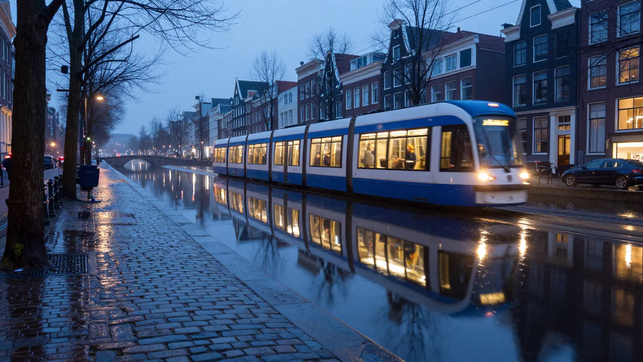 Amsterdam Canal Reflections at Dawn Cobblestone Rain Puddle Tram Mirror in in Amsterdam, Netherlands