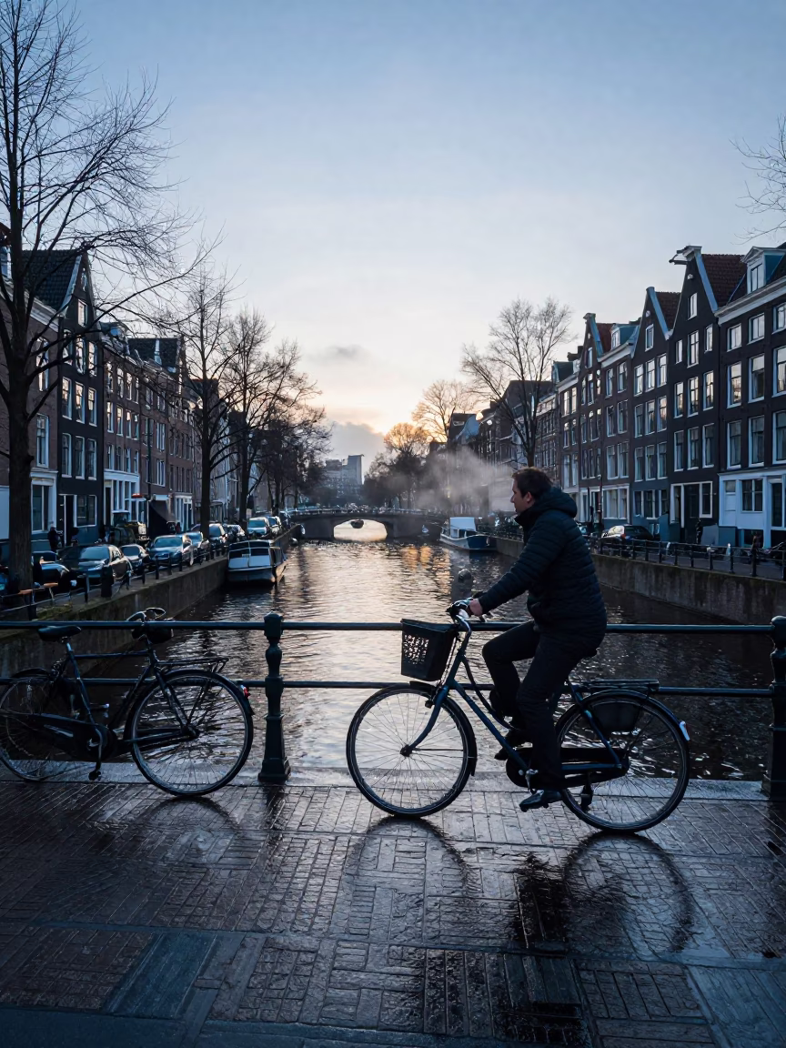Amsterdam Canal Scene at Nautical Dawn with Bicycle and Historic Architecture in in Amsterdam, Netherlands