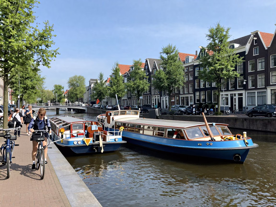 Amsterdam Canal Scene Under Noon Sun With Ferry And Bicycle Traffic in in Amsterdam, Netherlands