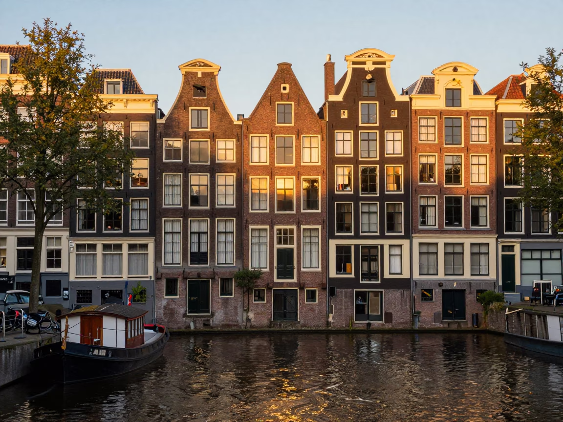 Amsterdam canal scene with historic gabled houses and boats under evening light in in Amsterdam, Netherlands