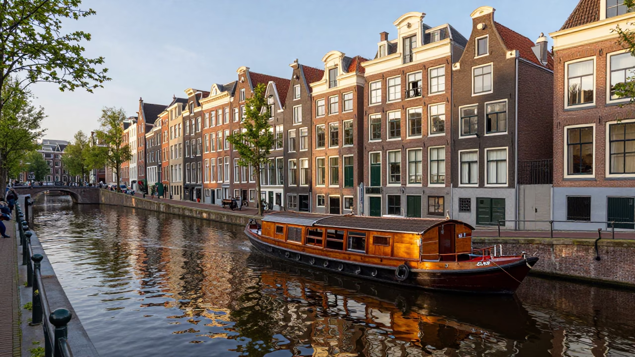 Amsterdam Canal Scene with Traditional Wooden Barge and Brick Architecture in in Amsterdam, Netherlands