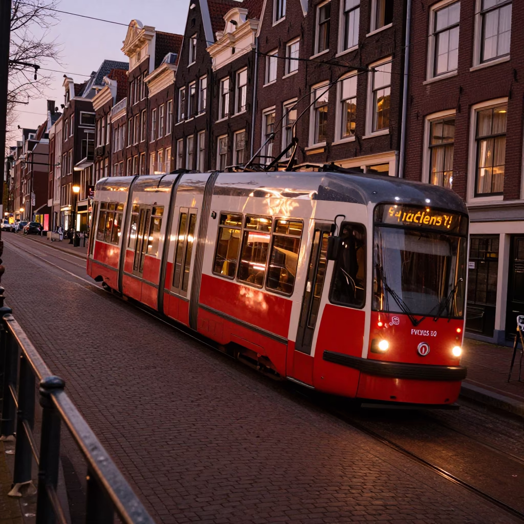 Amsterdam Canal Scene with Tram and Copper Dusk Light in in Amsterdam, Netherlands