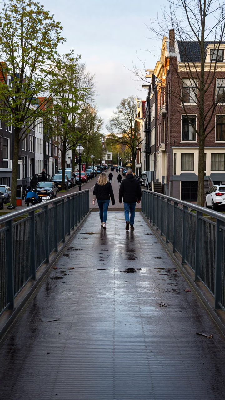 Amsterdam Canal Side Afternoon Pedestrian Overpass with Wet Metal Grating and Local Commuters in in Amsterdam, Netherlands