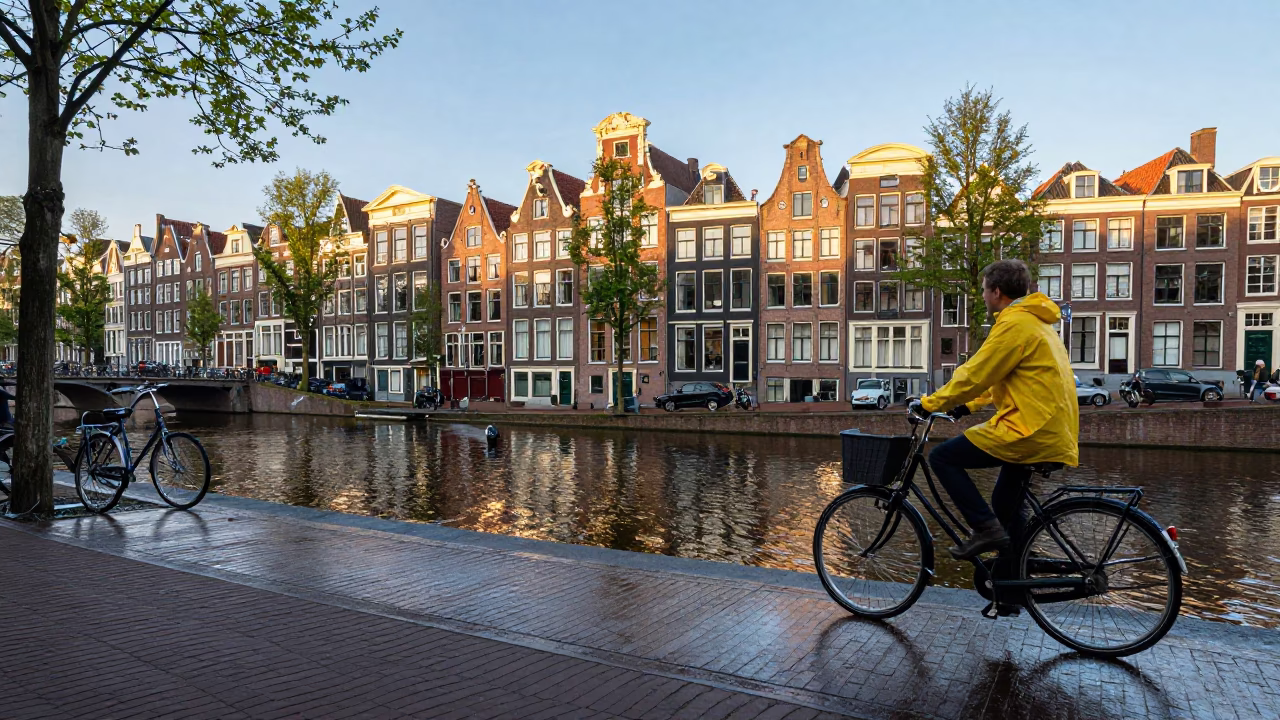 Amsterdam Canal Side Afternoon with Vintage Bicycle and Local Street Life in in Amsterdam, Netherlands