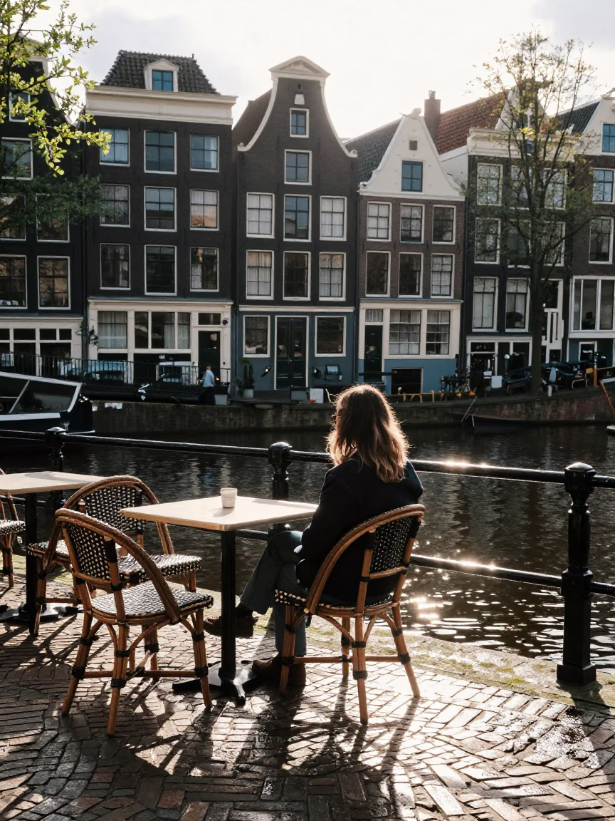 Amsterdam Canal Side Cafe Late Morning Sunlight Spindle Chair and Linen Napkin in in Amsterdam, Netherlands