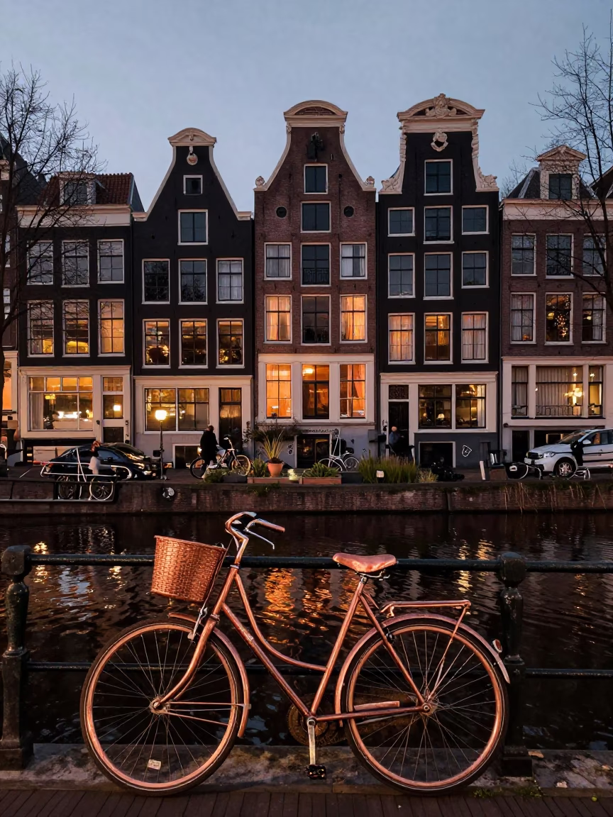 Amsterdam Canal Side Evening Copper Light with Bicycle and Majolica Garden Pot in in Amsterdam, Netherlands