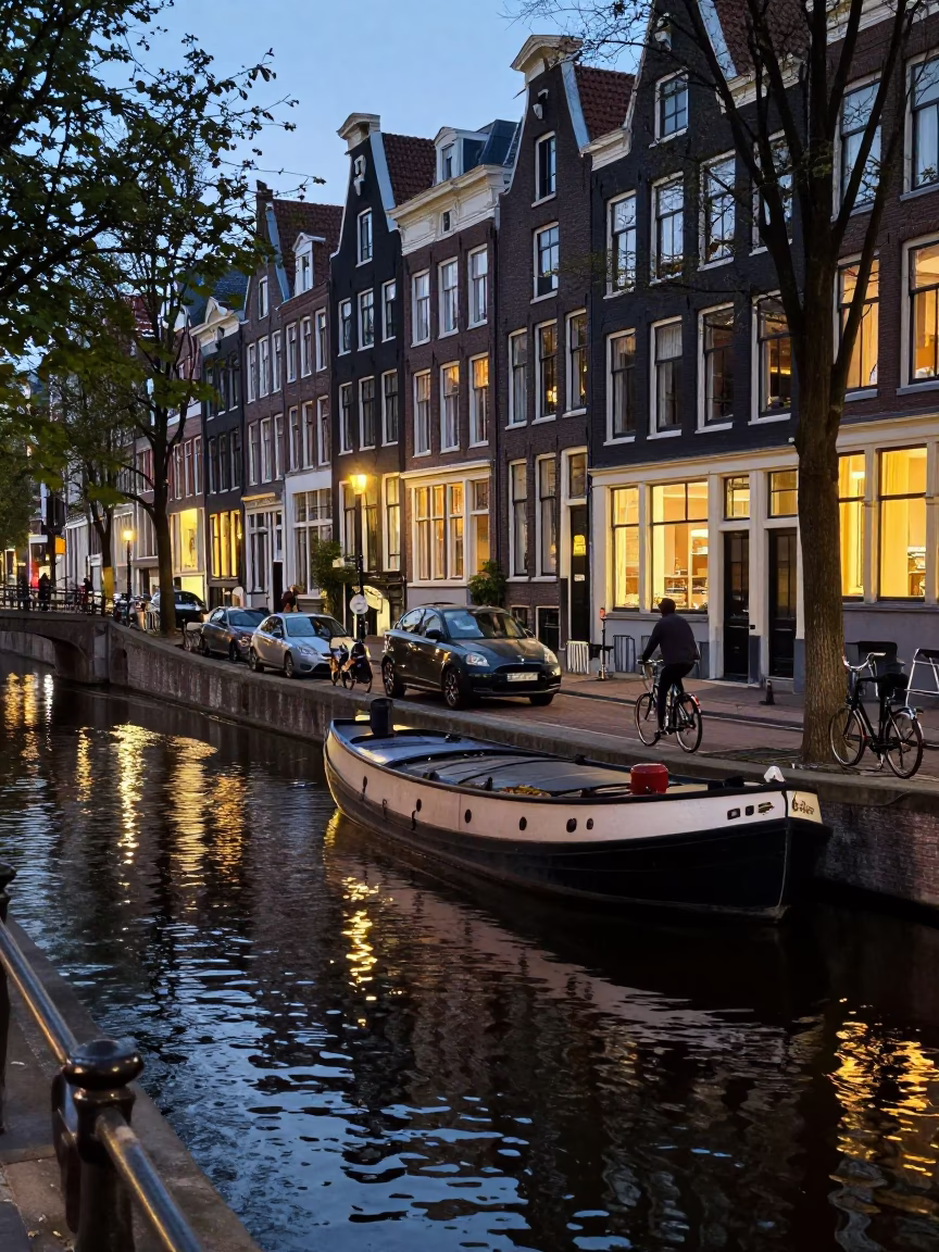 Amsterdam Canal Side Evening Street Scene with Cyclist and Cobblestone Reflections in in Amsterdam, Netherlands