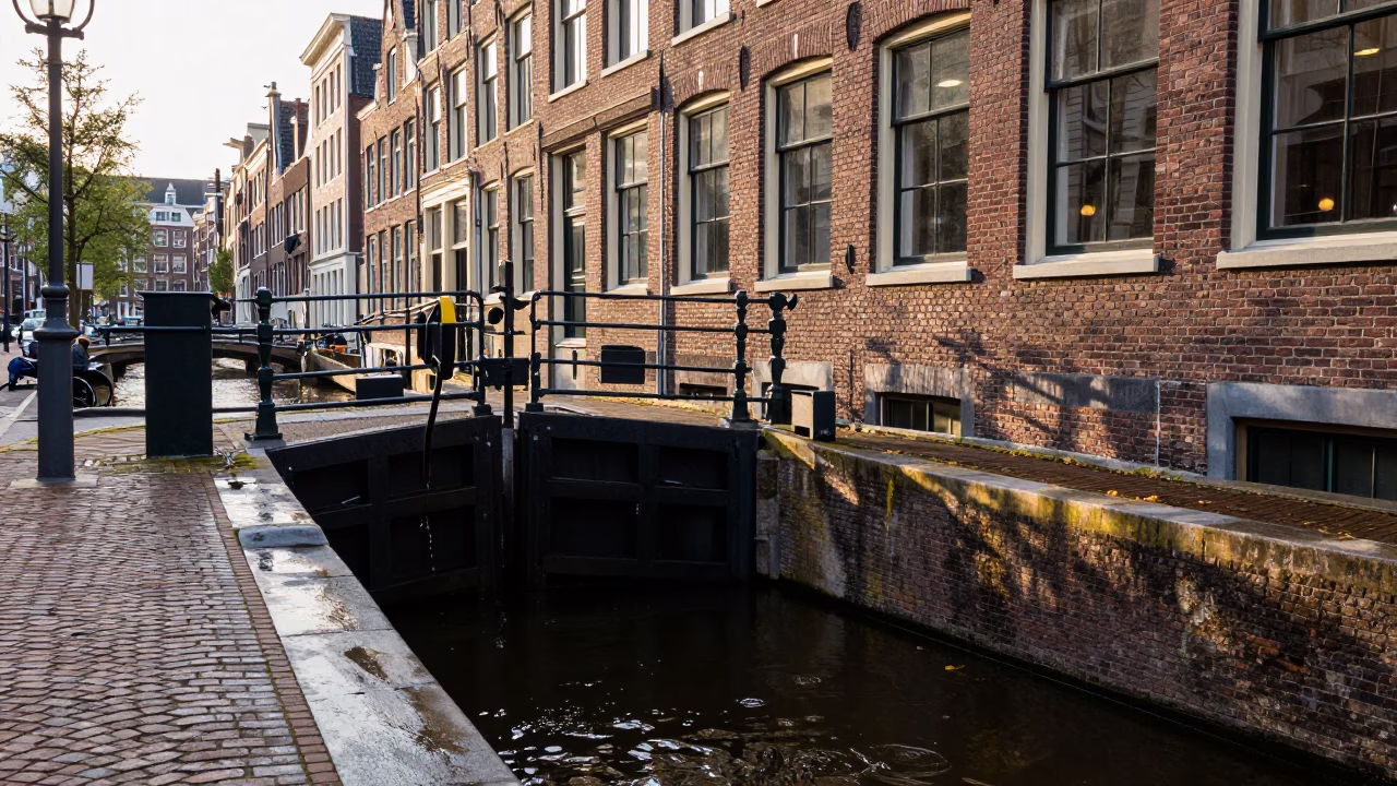 Amsterdam Canal Side Late Afternoon Sluice Gate Dripping Metal Bucket and Cobblestone Street Scene in in Amsterdam, Netherlands