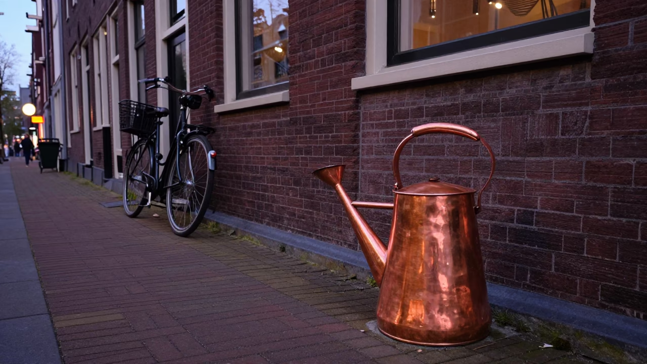 Amsterdam Canal Side Street Copper Dusk Watering Jug and Brushed Steel Tile in in Amsterdam, Netherlands