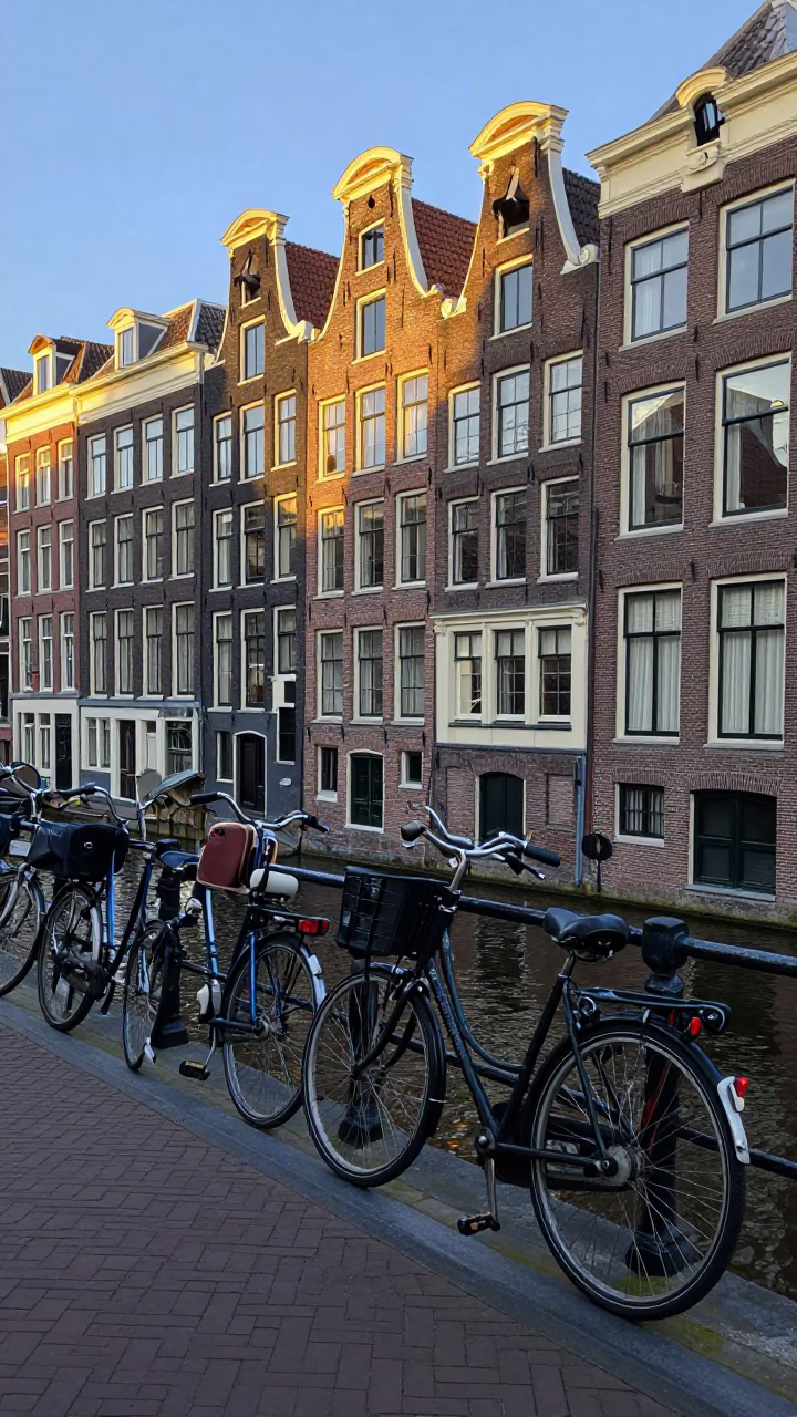 Amsterdam Canal Side Street Photography Early Afternoon with Bicycle and Cobblestone Architecture in in Amsterdam, Netherlands