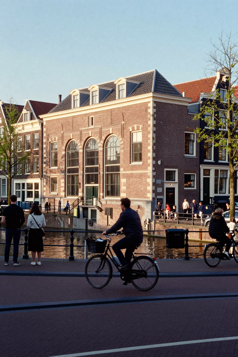 Amsterdam Canal Side Street Scene Late Afternoon Light with Cyclists and Traditional Dutch Architecture in in Amsterdam, Netherlands