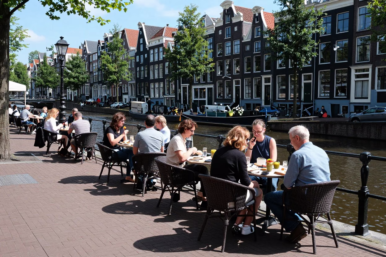 Amsterdam Canal Side Terrace Lunch with Wicker Shadows and Local Dining in in Amsterdam, Netherlands