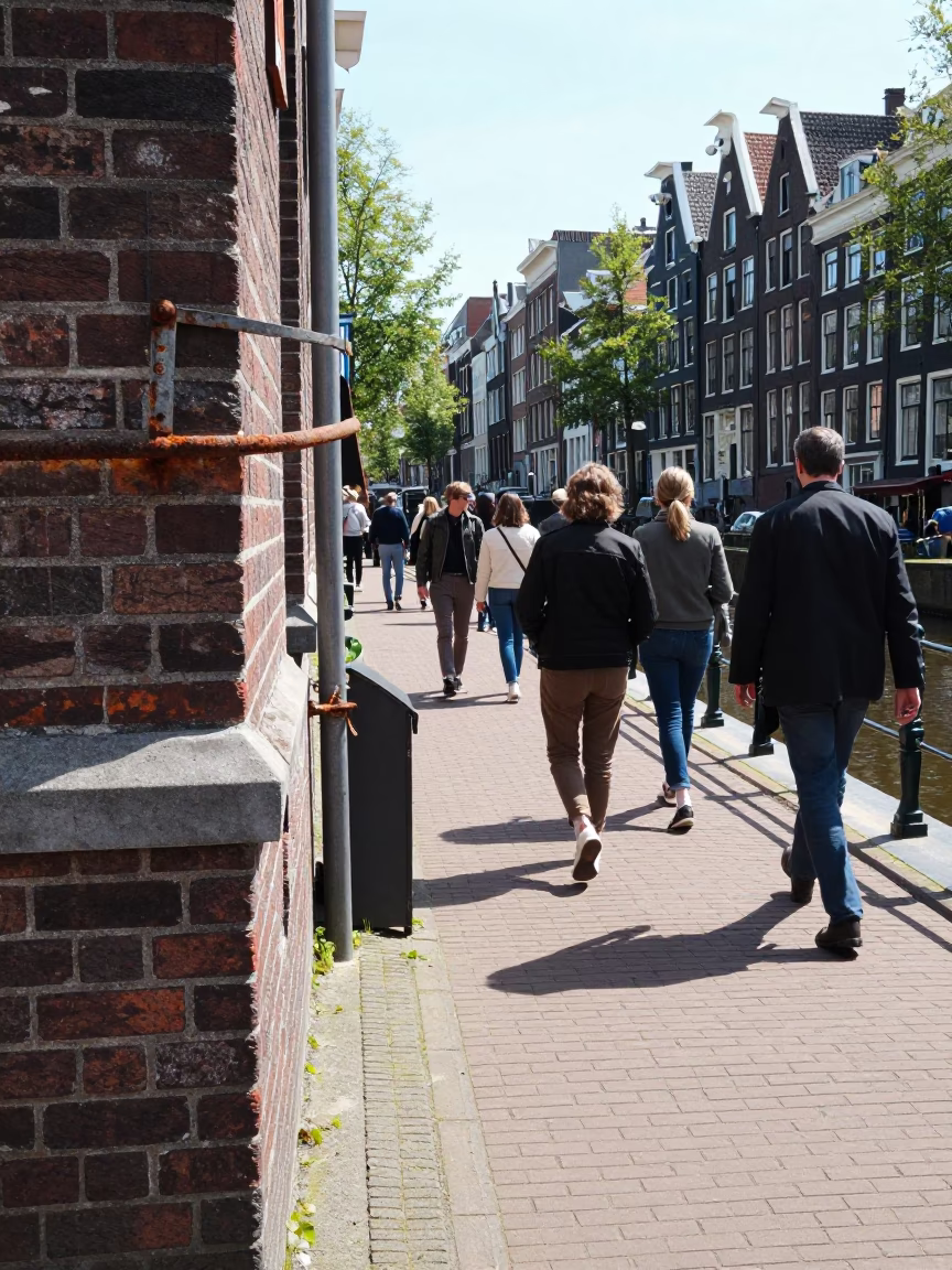 Amsterdam Canal Street at Bright Midmorning Light in in Amsterdam, Netherlands