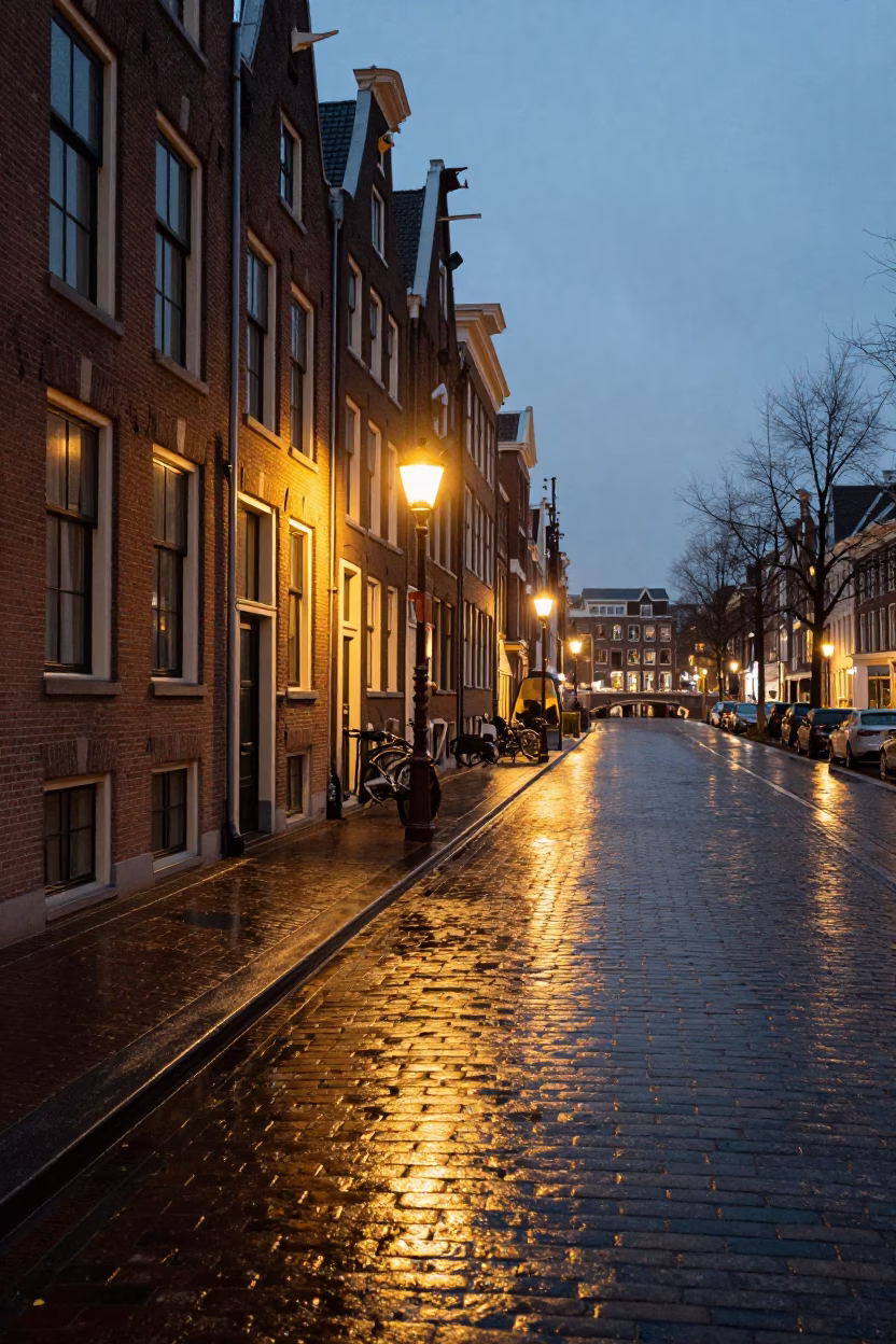 Amsterdam Canal Street at Dusk with Cobblestones and Gaslights in in Amsterdam, Netherlands
