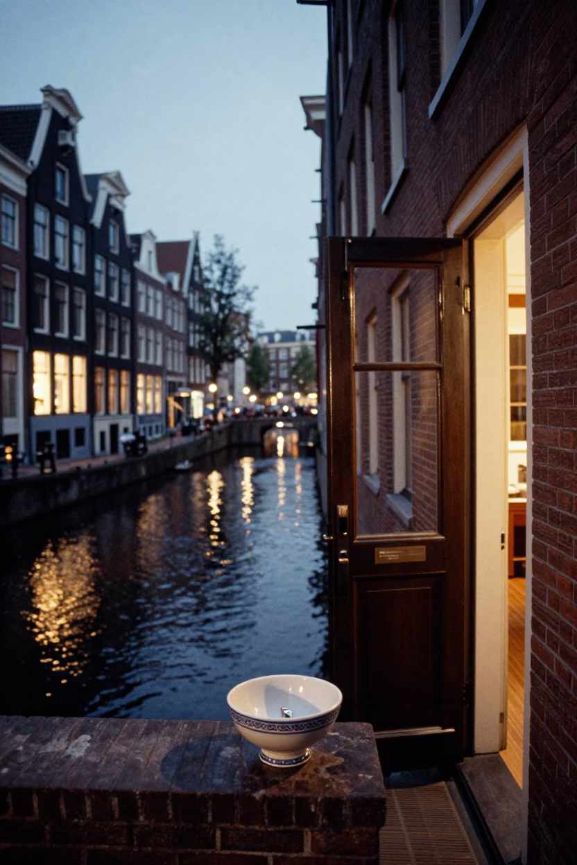 Amsterdam Canal Street at Dusk with Key Bowl and Charm Bracelet Detail in in Amsterdam, Netherlands