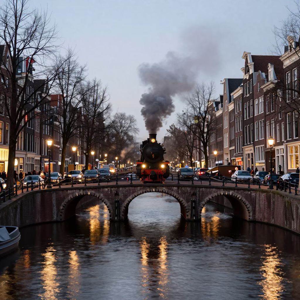 Amsterdam Canal Street at Dusk with Steam Locomotive Bridge Crossing and Urban Activity in in Amsterdam, Netherlands