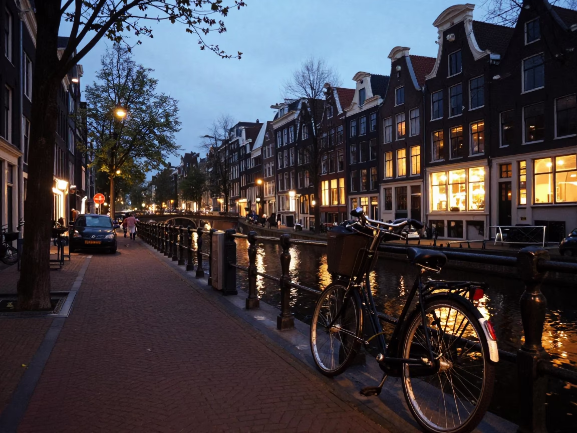 Amsterdam Canal Street at Dusk with Vintage Bicycle and Brick Architecture in in Amsterdam, Netherlands