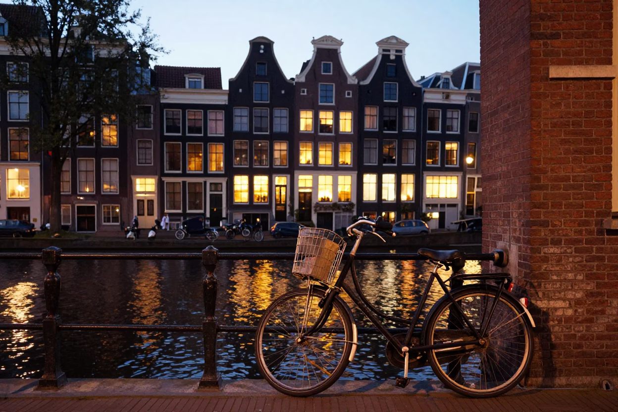 Amsterdam Canal Street Scene at Dusk with Bicycle and Brick Facades in in Amsterdam, Netherlands