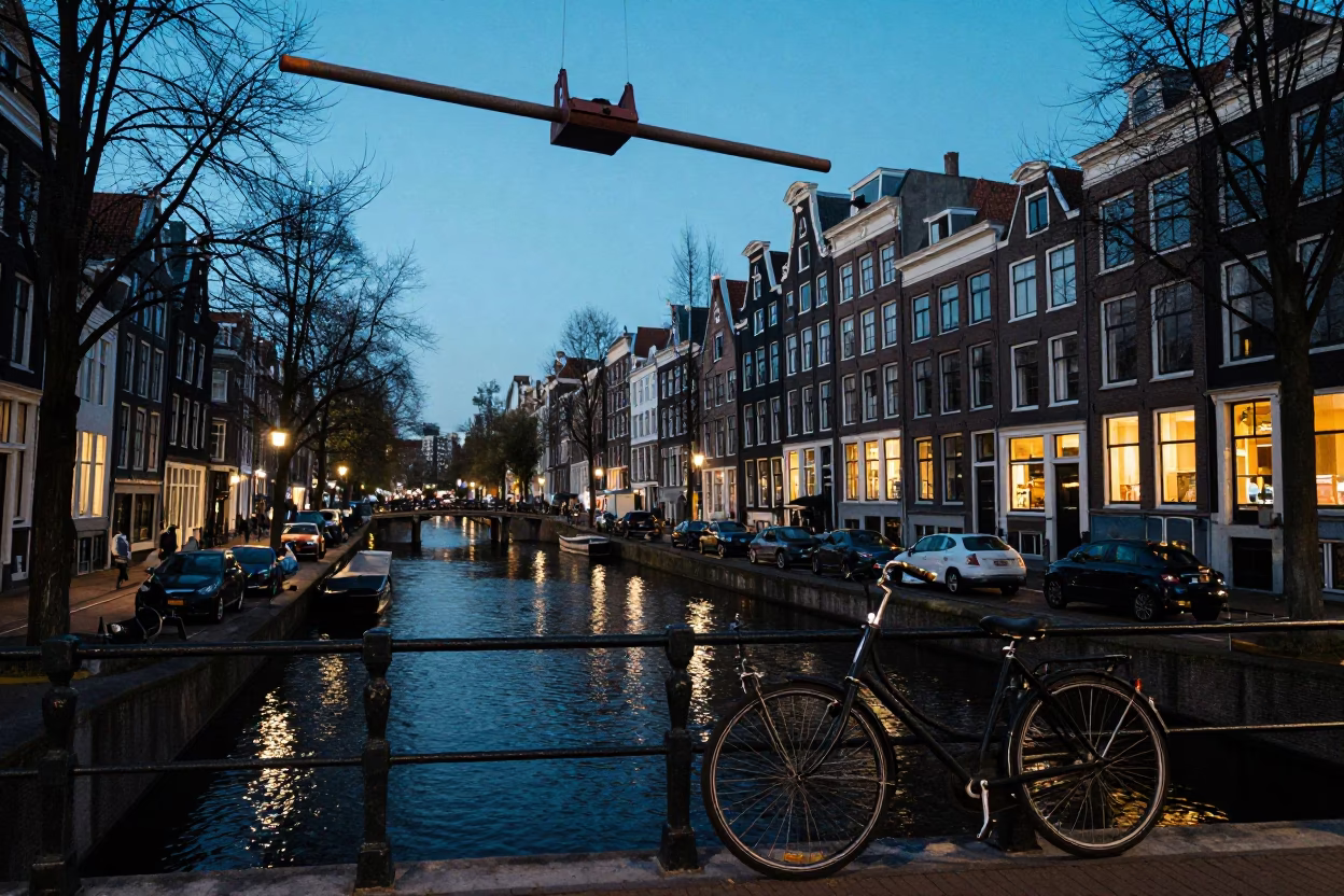 Amsterdam Canal Street Scene at Dusk with Bicycle and Bridge Maintenance Cradle in in Amsterdam, Netherlands