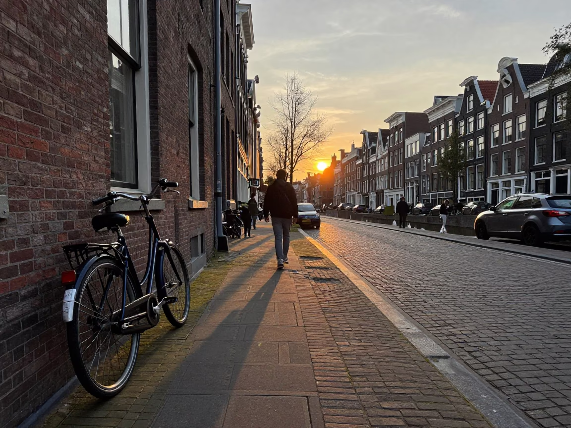 Amsterdam Canal Street Scene at Dusk with Bicycle and Cafe Exterior in in Amsterdam, Netherlands