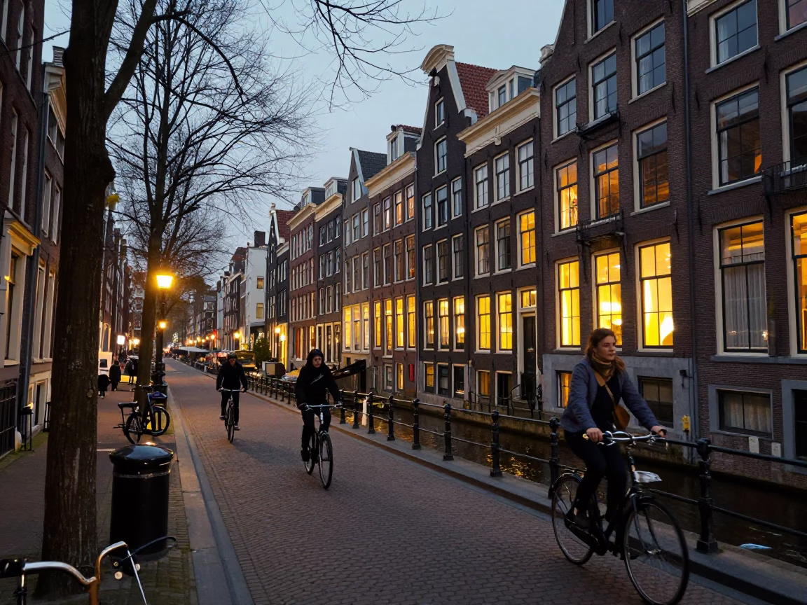 Amsterdam Canal Street Scene at Dusk with Cyclists and Brick Architecture in in Amsterdam, Netherlands