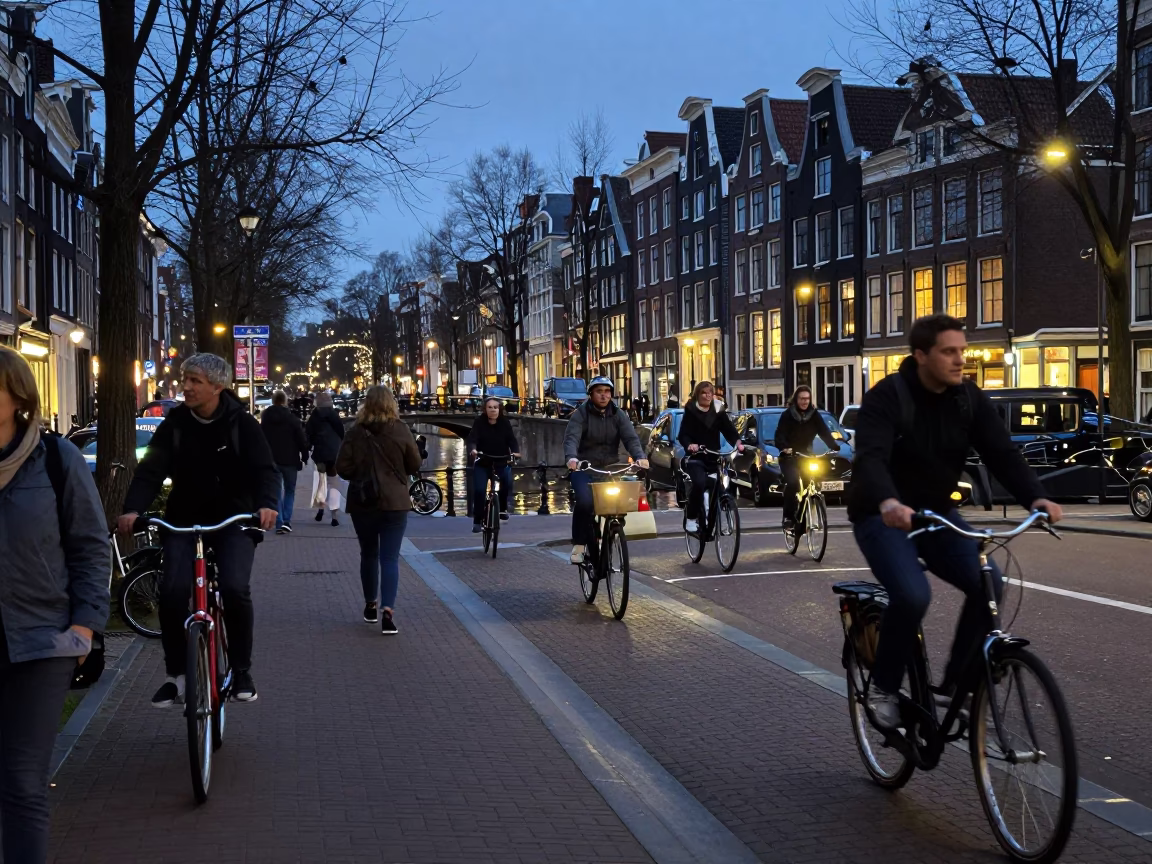 Amsterdam Canal Street Scene at Dusk with Cyclists and Local Food in in Amsterdam, Netherlands