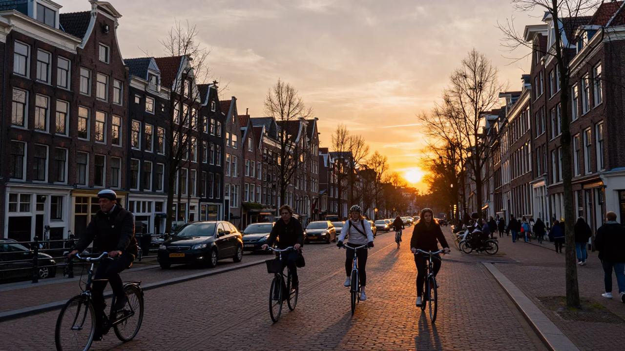 Amsterdam Canal Street Scene at Dusk with Cyclists and Traditional Brick Architecture in in Amsterdam, Netherlands