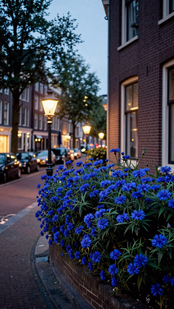 Amsterdam Canal Street Scene at Dusk with Plumbago Hedge and Vintage Bicycle in in Amsterdam, Netherlands