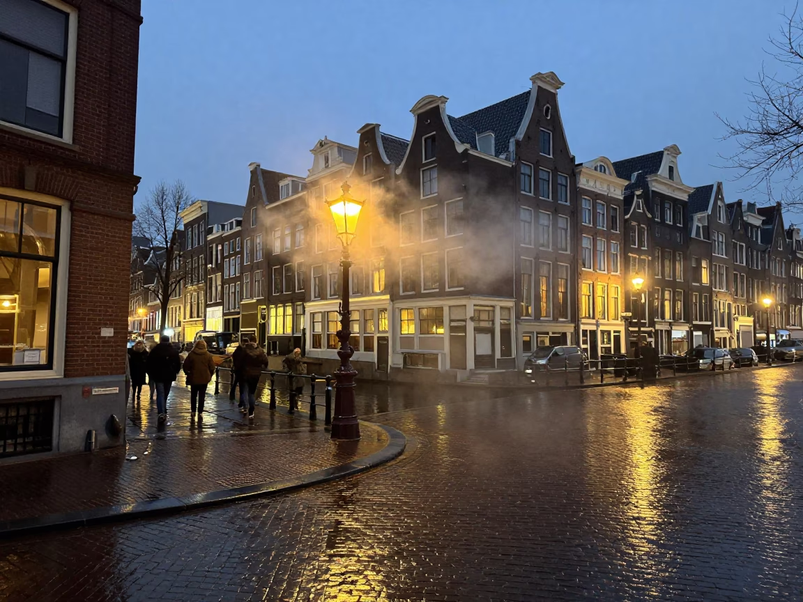 Amsterdam Canal Street Scene at Dusk with Steam Haze and Local Activity in in Amsterdam, Netherlands