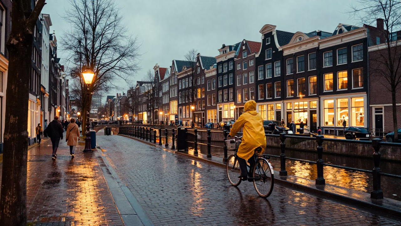 Amsterdam Canal Street Scene at Dusk with Vintage 1980s Atmosphere and City Lights in in Amsterdam, Netherlands