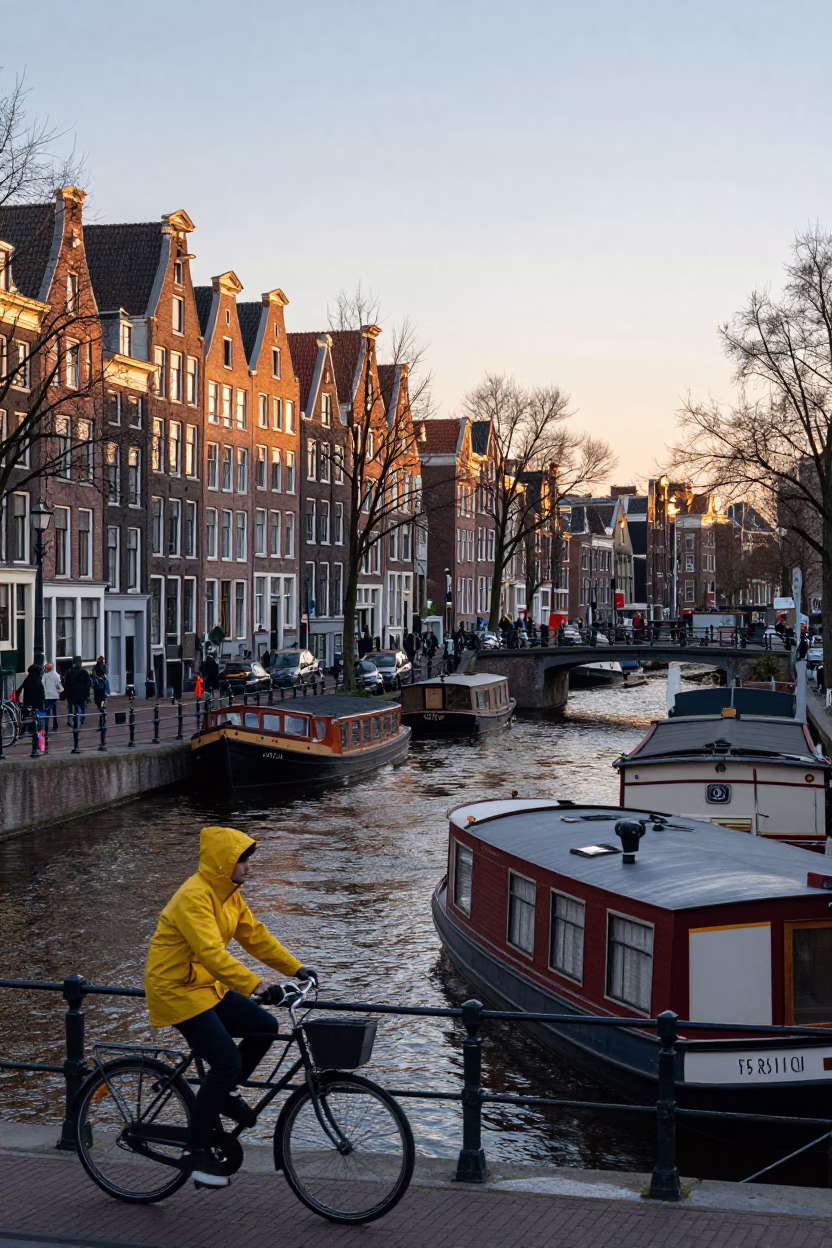 Amsterdam Canal Street Scene at Nautical Dawn with Cyclists and Brick Architecture in in Amsterdam, Netherlands
