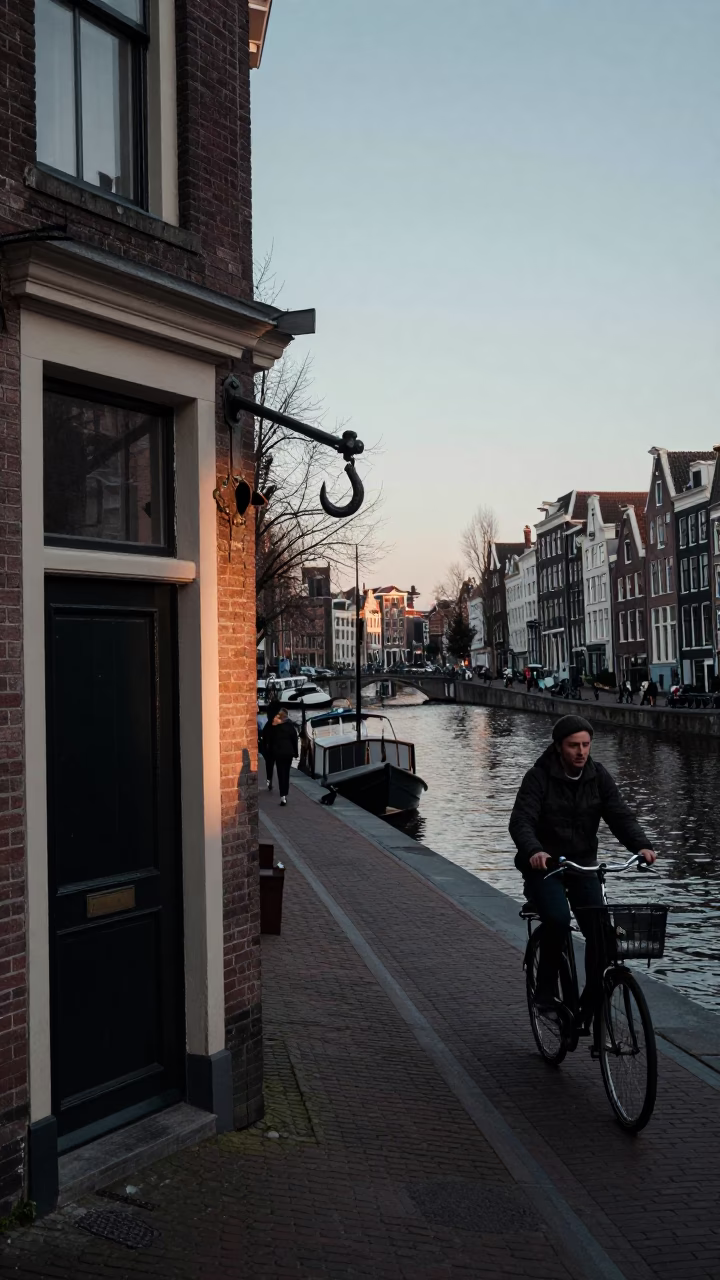 Amsterdam Canal Street Scene at Nautical Dawn with Vintage Bicycle and Iron Hook Detail in in Amsterdam, Netherlands