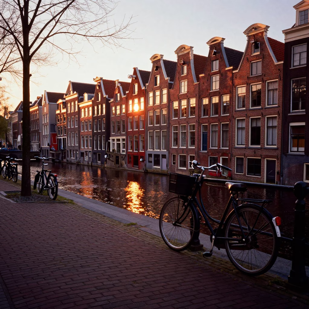Amsterdam Canal Street Scene at Sunset with Vintage Bicycle and Brick Architecture in in Amsterdam, Netherlands