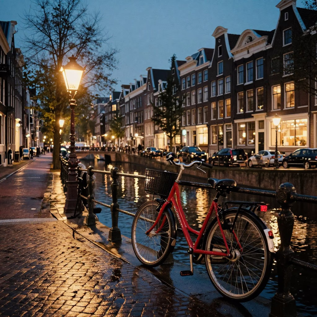 Amsterdam Canal Street Scene at Twilight with Bicycle and Cobblestones in in Amsterdam, Netherlands