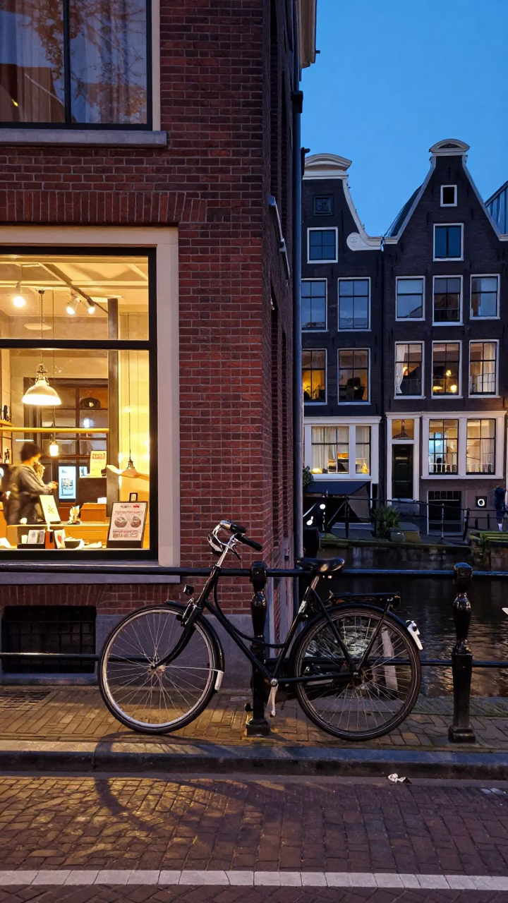 Amsterdam canal street scene at twilight with bicycle and historic brick architecture in in Amsterdam, Netherlands