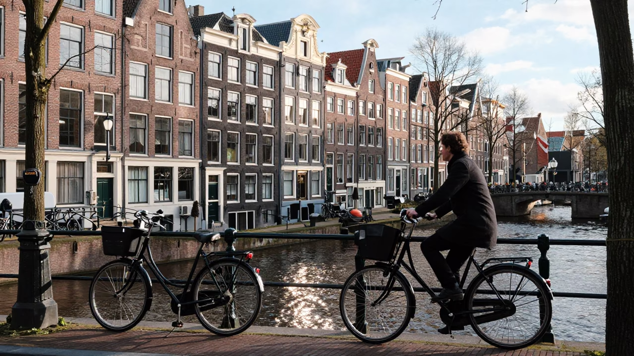 Amsterdam Canal Street Scene Early Afternoon with Bicycle and Traditional Architecture in in Amsterdam, Netherlands