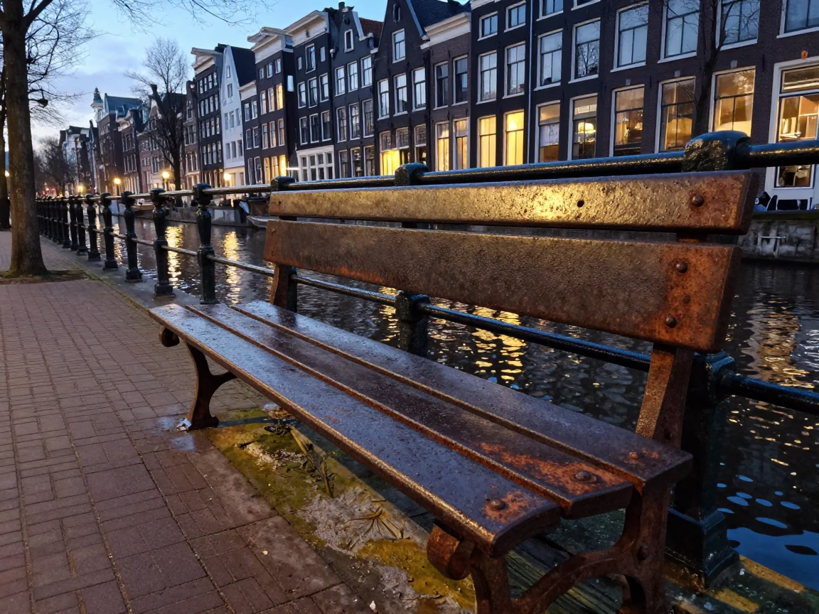 Amsterdam Canal Street Scene Early Evening with Rusty Bench and Vintage Tram in in Amsterdam, Netherlands