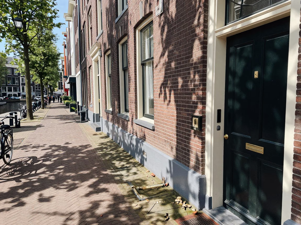 Amsterdam Canal Street Scene with Bicycle Latch Shadow and Local Shop at Midday in in Amsterdam, Netherlands