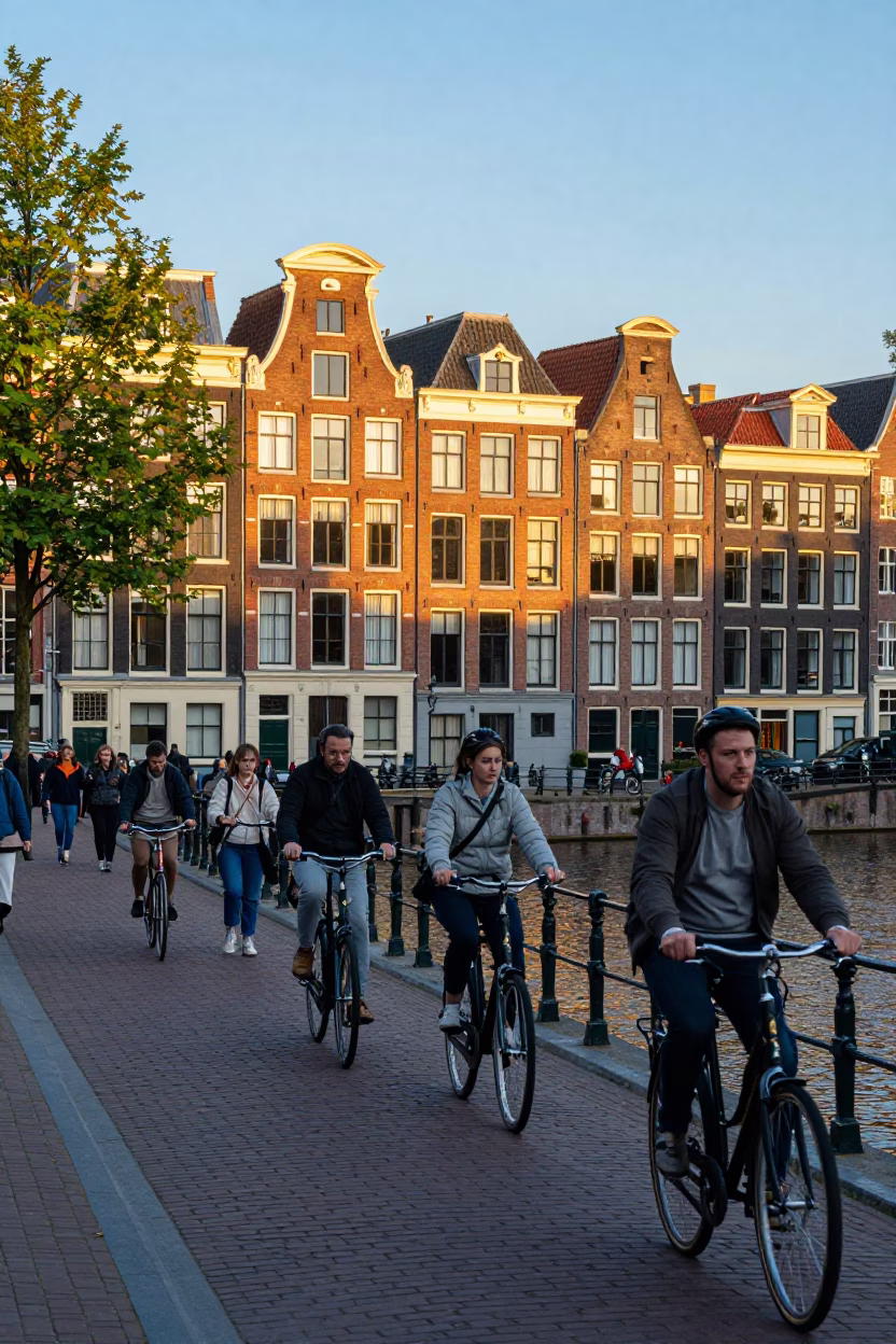 Amsterdam Canal Street Scene with Golden Hour Light and Bicycle Traffic in in Amsterdam, Netherlands