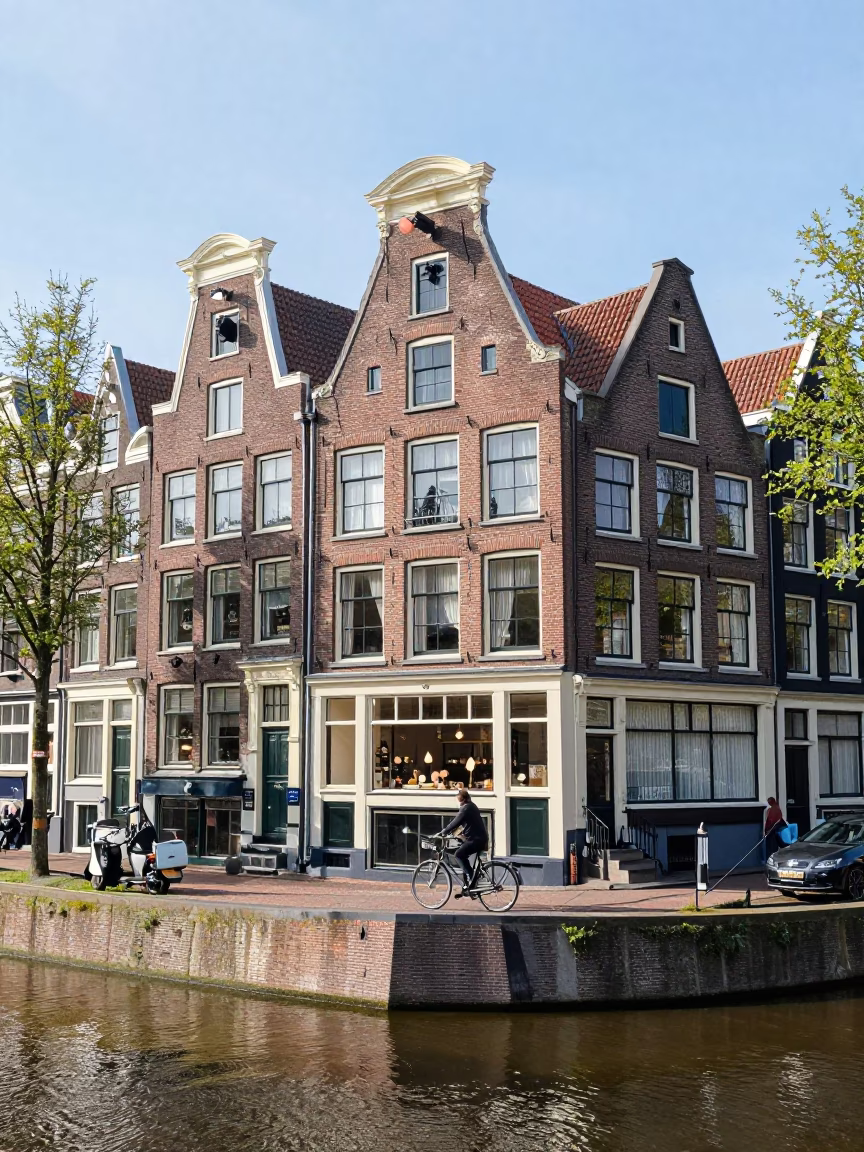 Amsterdam canal street scene with historic gabled houses and bright midmorning light in in Amsterdam, Netherlands
